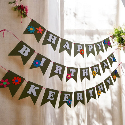 Partybus – Crafted Flower Themed Happy Birthday Banner with name