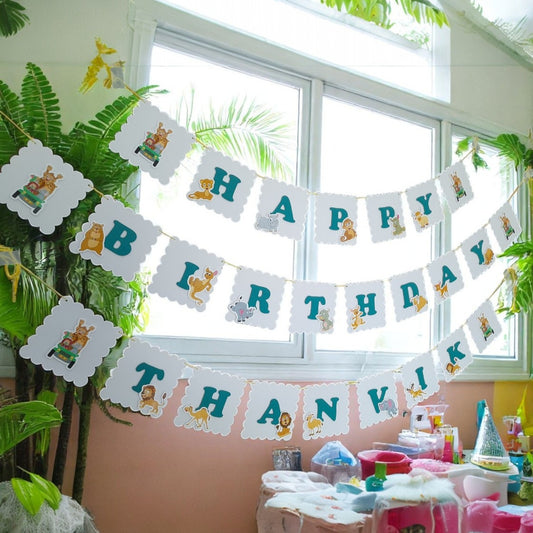 Partybus - Safari Animals Tour Theme Birthday Banner with name